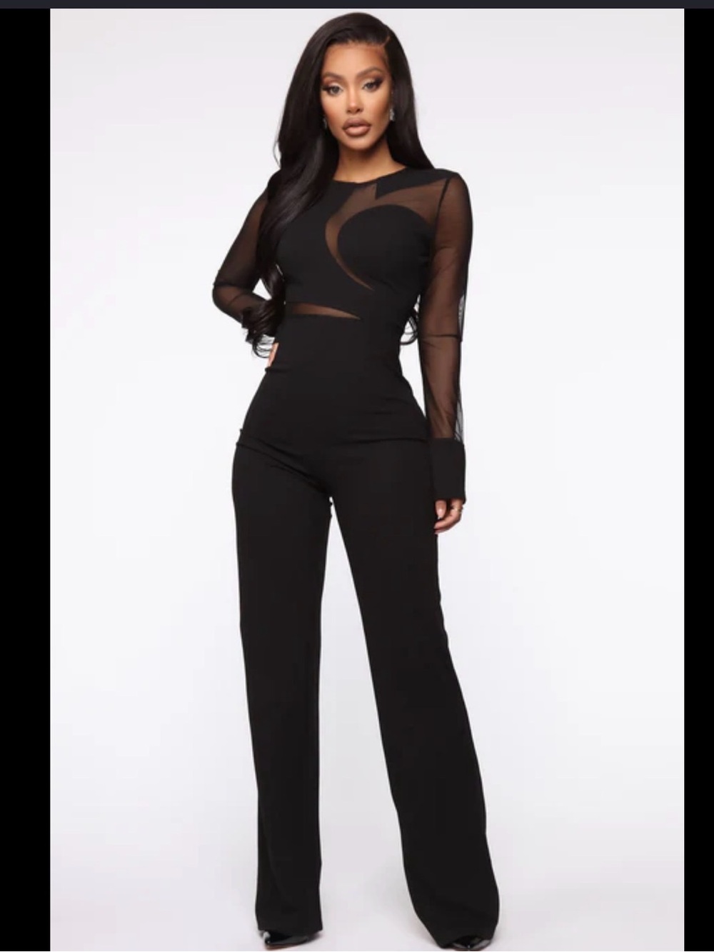 Fashion Nova Black Mesh-Sleeve Long Jumpsuit